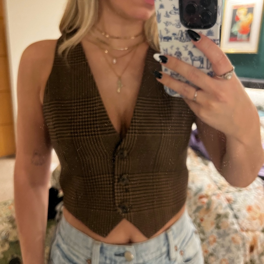 Alice + Olivia Brown Glen Plaid V-Neck Button Vest